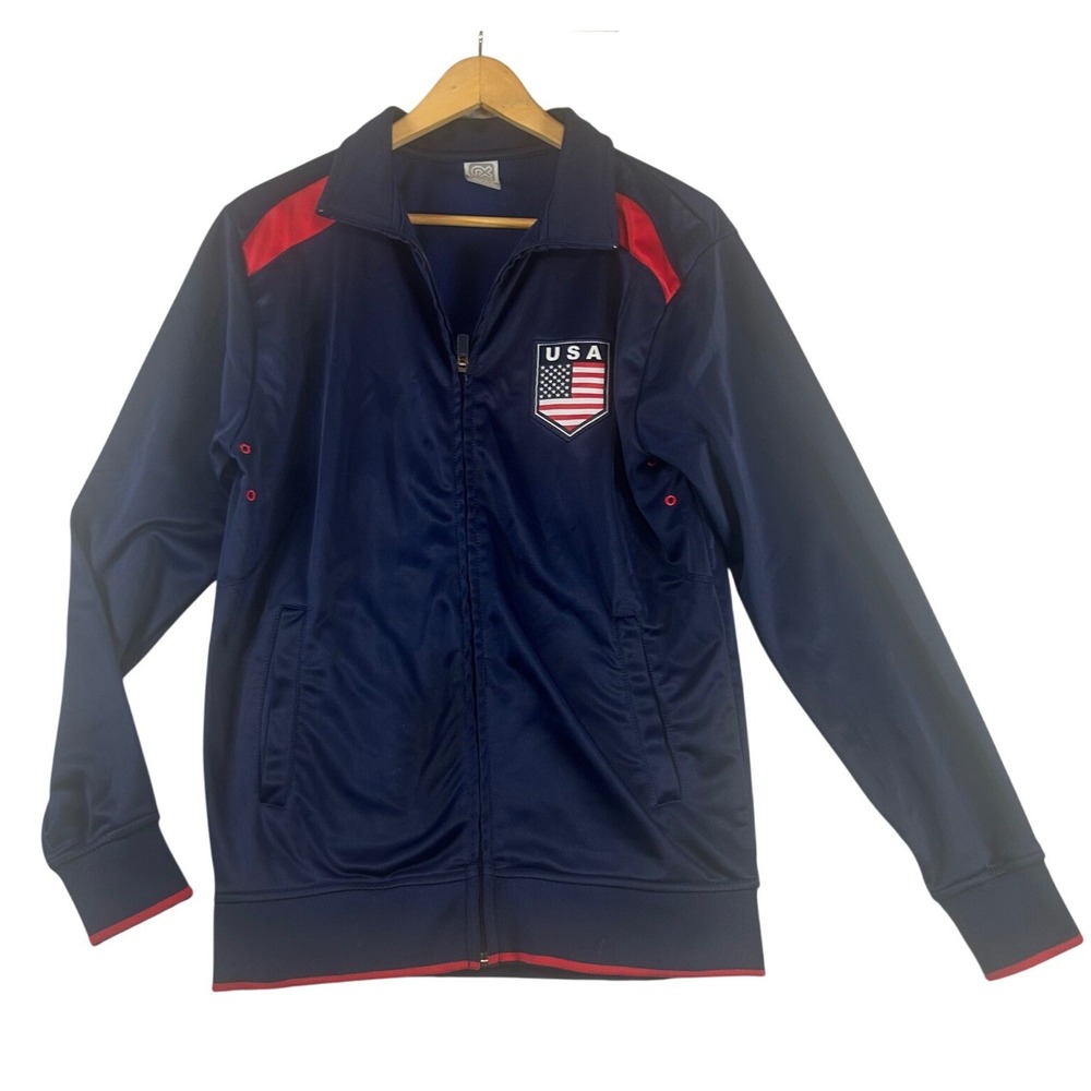Rhinox USA Track Jacket‎ Mens Medium Navy Blue Full Zip Fleece Lined Patriotic